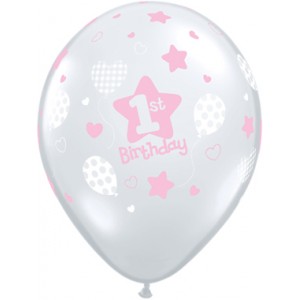 Balloon Single 1st Birthday Clear with Pink Star