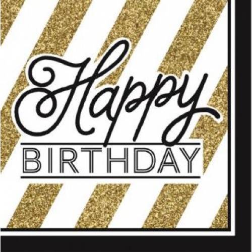Napkins Black & Gold 16pk - Happy Birthday